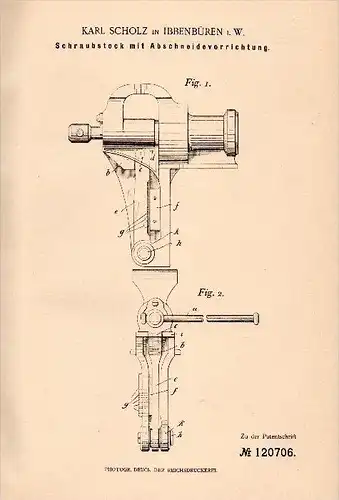 Original Patent - Karl Scholz in Ibbenbüren i.W. , 1900 , Schraubstock mit Abschneidevorrichtung !!!