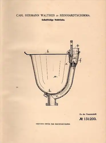 Original Patent - C. H. Walther in Reinhardtsgrimma b. Glashütte i.S., 1901, selbsttätige Viehtränke , Viehzucht , Agrar