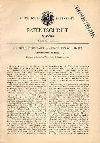 Original Patent - B. Stockbauer und F. Woerz in Haspe , 1887 , Schreibmaschine für Blinde , Blindheit , Blindenverein