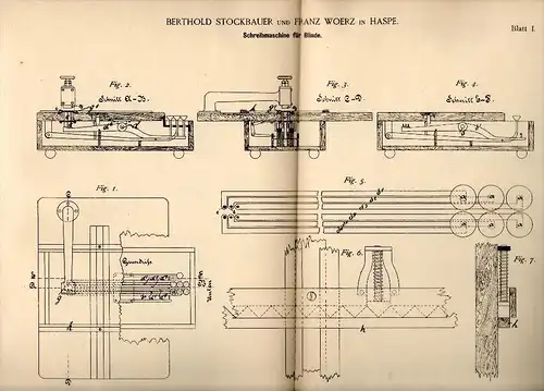 Original Patent - B. Stockbauer und F. Woerz in Haspe , 1887 , Schreibmaschine für Blinde , Blindheit , Blindenverein