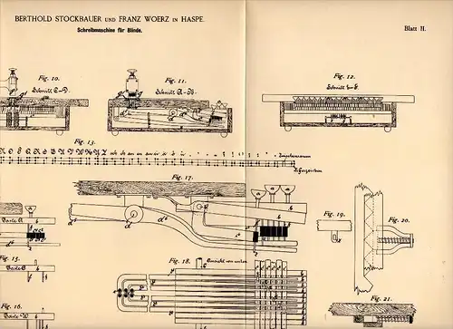 Original Patent - B. Stockbauer und F. Woerz in Haspe , 1887 , Schreibmaschine für Blinde , Blindheit , Blindenverein