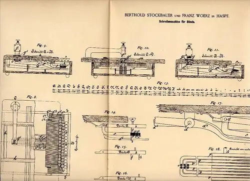 Original Patent - B. Stockbauer und F. Woerz in Haspe , 1887 , Schreibmaschine für Blinde , Blindheit , Blindenverein