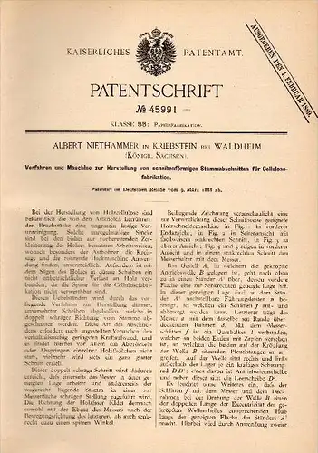 Original Patent - Albert Niethammer in Kriebstein b. Waldheim , 1888, Maschine für Cellulosefabrikation , Cellulose !!!