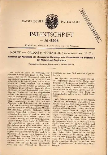 Original Patent - Moritz von Gallois in Marienthal b. Gramatneusiedl , 1888, Chromoxyd in der Färberei und Zeugdruckerei