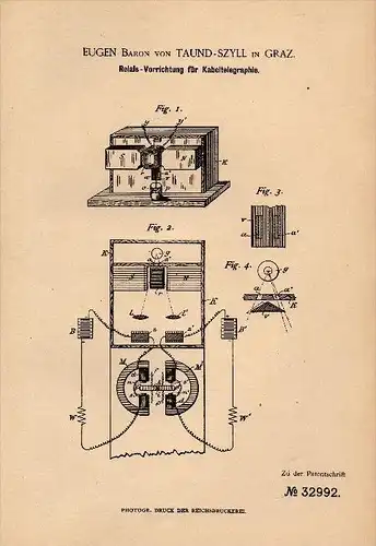 Original Patent -  Eugen Baron von Taund - Szyll in Graz , 1885 , Relais für Telegraphie , telegraphy , télégraphie !!!