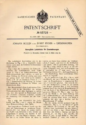 Original Patent - E. Jenner et J. Müller dans Diedenhofen / Thionville , 1890 , mobile pour chemin de fer !!!