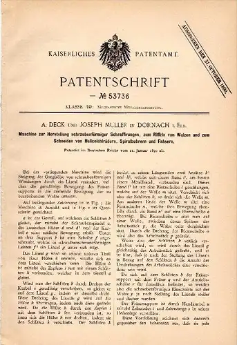 Original Patent - A. Deck dans Dornach b. Mulhouse / Mülhausen , 1890, Machine pour la production de forets et fraises !