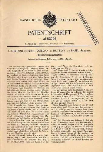 Original Patent - L. Mesmer-Jourdan in Muttenz b. Arlesheim , 1890, Maschine für Straßenreinigung , Kehrmaschine , Base