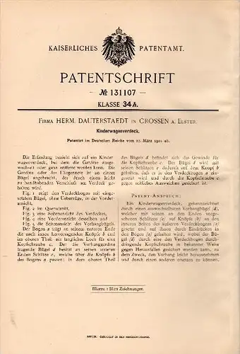 Original Patent -  H. Dauterstaedt in Crossen a. Elster , 1901 , Kinderwagen - Verdeck !!!