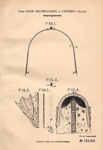 Original Patent -  H. Dauterstaedt in Crossen a. Elster , 1901 , Kinderwagen - Verdeck !!!