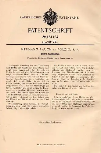 Original Patent - Hermann Bauch in Pölzig b. Greiz , 1901 , Billard - Kreidehalter !!!