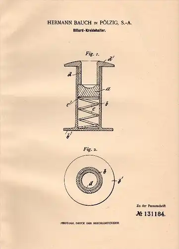 Original Patent - Hermann Bauch in Pölzig b. Greiz , 1901 , Billard - Kreidehalter !!!