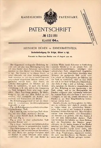Original Patent -  H. Düren in Ehrenbreitstein b. Koblenz , 1901 , Deckel für Krüge und Gläser , Krug !!!
