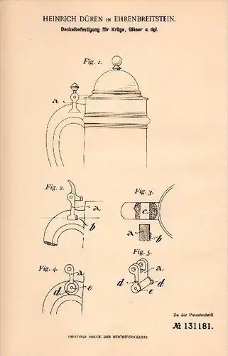 Original Patent -  H. Düren in Ehrenbreitstein b. Koblenz , 1901 , Deckel für Krüge und Gläser , Krug !!!