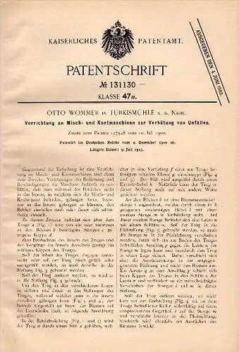 Original Patent - Otto Wommer in Türkismühle b. Nohfelden a.d. Nahe , 1900 , Unfallverhütung an Knetmaschine , Bäckerei