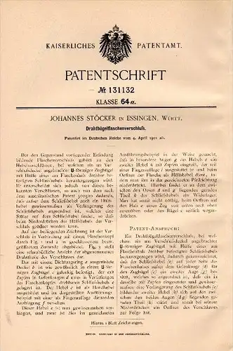 Original Patent - Johannes Stöcker in Essingen , Württemberg , 1901 , Drahtbügel - Flaschenverschluß !!!