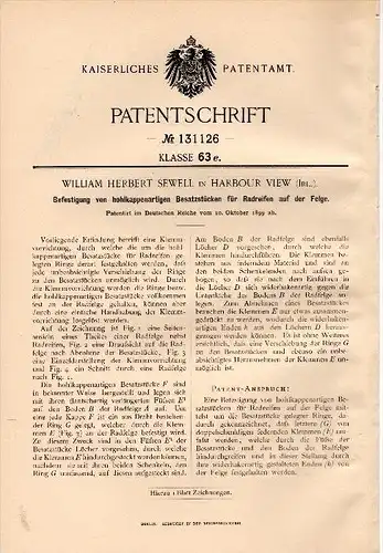 Original Patent - W.H. Sewell in Harbour View , Ireland , 1899 , Attachment for tires !!!