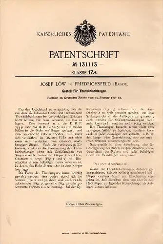 Original Patent - Josef Löw in Friedrichsfeld b. Mannheim / Baden , 1898 , Kühlschlange für Thon , D.R.G.M. !!!