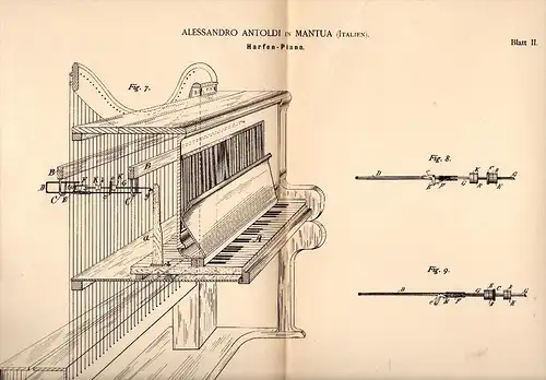 Original Patent - Alessandro Antoldi in Mantua /  Mantova , 1887 , Harfen - Piano , Klavier !!!
