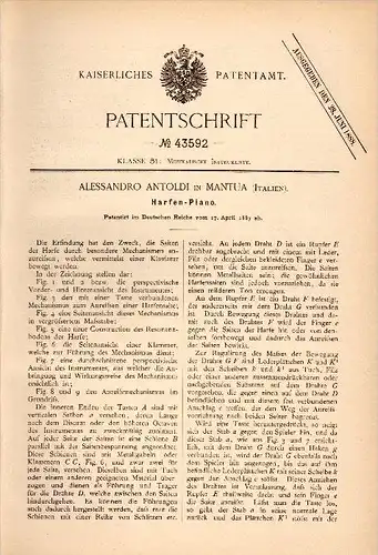 Original Patent - Alessandro Antoldi in Mantua /  Mantova , 1887 , Harfen - Piano , Klavier !!!