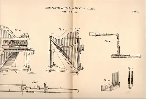 Original Patent - Alessandro Antoldi in Mantua /  Mantova , 1887 , Harfen - Piano , Klavier !!!