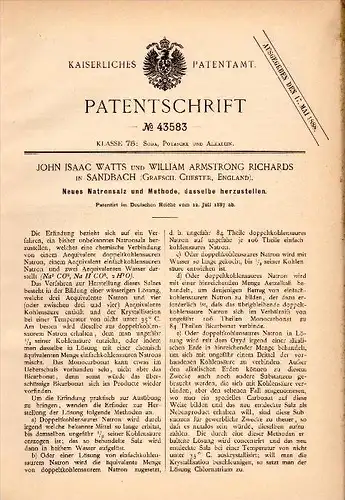 Original Patent - J. Watts and W. Armstrong Richards in Sandbach , Cheshire , 1887, Preparation of sodium salt , Chester