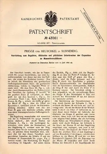 Original Patent - Prigge und Heuschkel in Sonneberg , 1887 , Regulierung für Camera , Photographie , Kamera , Objektiv !