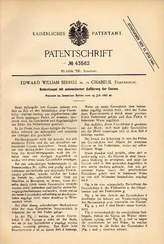 Original Patent - E.W. Serrell dans Chabeuil , 1887 , Moulinage de la soie !!!