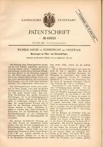 Original Patent -  Wilhelm Jaeger in Könkendorf b. Pritzwalk ,1887 , Filter- und Klärcentrifugen , Kläranlage , Klärwerk
