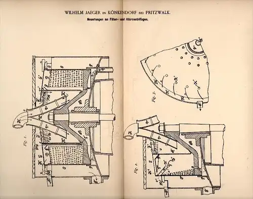 Original Patent -  Wilhelm Jaeger in Könkendorf b. Pritzwalk ,1887 , Filter- und Klärcentrifugen , Kläranlage , Klärwerk
