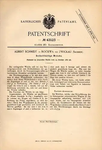 Original Patent - Albert Schmidt in Bockwa b. Zwickau , 1887 , selbsttätige Weiche , Eisenbahn , Gleis !!!