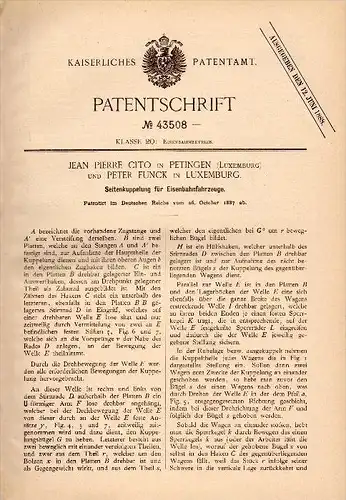 Original Patent - J.P. Cito in Petingen und P. Funck in Luxemburg , 1887 , Kupplung für Eisenbahn !!!