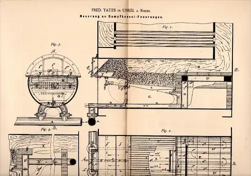 Original Patent - Fred. Yates in Unkel a. Rhein , 1885 , Feuerung für Dampfkessel , Dampfmaschine , Neuwied !!!