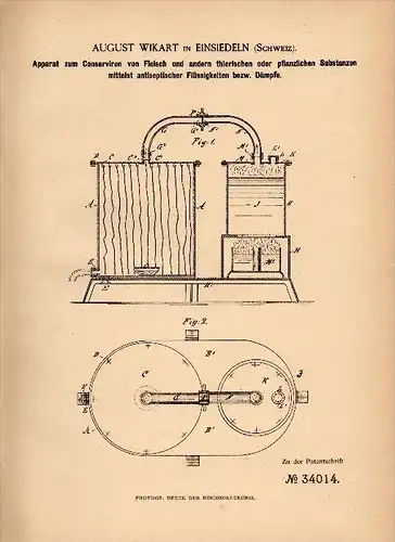 Original Patent -  August Wikart in Einsiedeln , Schweiz , 1885 , Apparat zum Konservieren von Fleisch !!!