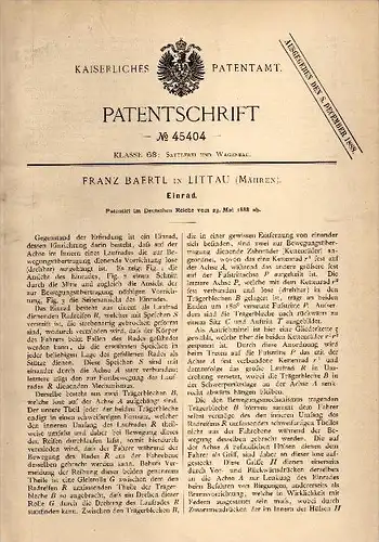 Original Patent - Franz Baertl in Littau / Litovel , 1888 , Einrad , Fahrrad !!!
