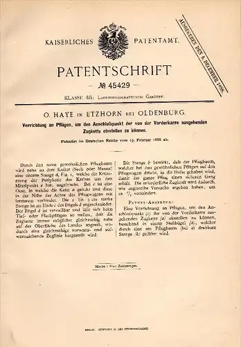 Original Patent - O. Haye in Etzhorn b. Oldenburg , 1888 , Plug , Landwirtschaft , Agrar !!!