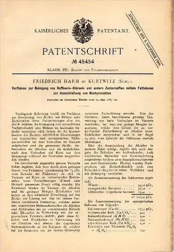 Original Patent -  F. Harm in Kurtwitz / Kondratowice , 1887 , Reinigung von Zuckersaft , Zucker , Strzelin , Strehlen !