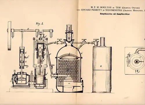 Original Patent - M. Boulton in Tew / Oxford , 1884 , steam engine , E. Perrett in Westminster !!!