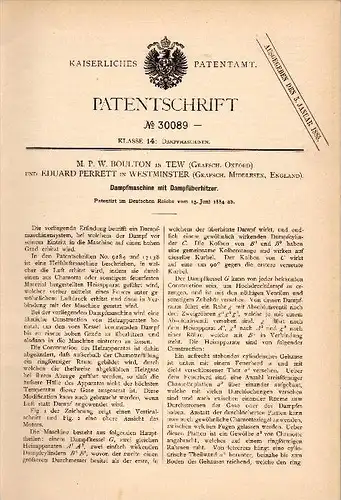 Original Patent - M. Boulton in Tew / Oxford , 1884 , steam engine , E. Perrett in Westminster !!!