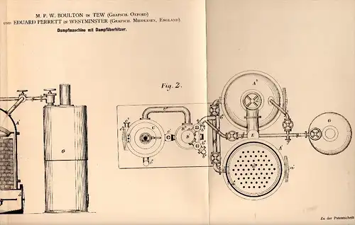 Original Patent - M. Boulton in Tew / Oxford , 1884 , steam engine , E. Perrett in Westminster !!!