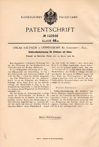 Original Patent -O. Rauppach in Leppersdorf / Daleszów Dolny ,1901, Sicherung für Schloss , Kr. Landeshut i. Schlesien