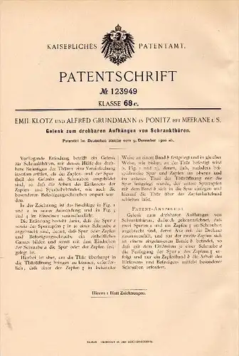 Original Patent - E. Klotz und A. Grundmann in Ponitz b. Meerane i.S.,1900, Gelenk für Schranktüren , Möbel , Tischlerei