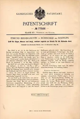 Original Patent - E. Benninghoven in Höhscheid b. Solingen ,1893 , Griff für Sägen und Messer !!!