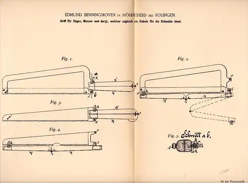 Original Patent - E. Benninghoven in Höhscheid b. Solingen ,1893 , Griff für Sägen und Messer !!!