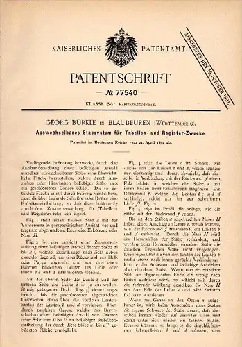 Original Patent - Georg Bürkle in Blaubeuren , 1894 , System für Tabellen und Register , Schule !!!