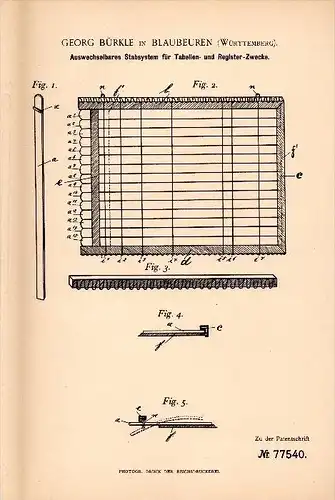 Original Patent - Georg Bürkle in Blaubeuren , 1894 , System für Tabellen und Register , Schule !!!