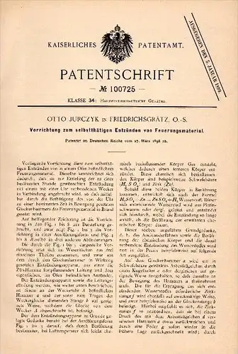 Original Patentschrift - Otto Jurczyk in Friedrichsgrätz / Grodziec , 1898, Zündapparat für Feuer , Ozimek / Malapane !!