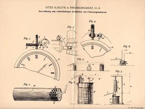 Original Patentschrift - Otto Jurczyk in Friedrichsgrätz / Grodziec , 1898, Zündapparat für Feuer , Ozimek / Malapane !!