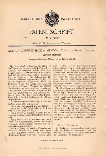 Original Patentschrift -A. Hide in Merton , Surrey , 1893 , corrugated rim, carriages construction !!!