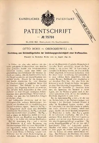 Original Patentschrift - Otto Horn in Oberoderwitz i.S. ,1893 , Drehzahlregulator für Motor , Oderwitz !!!